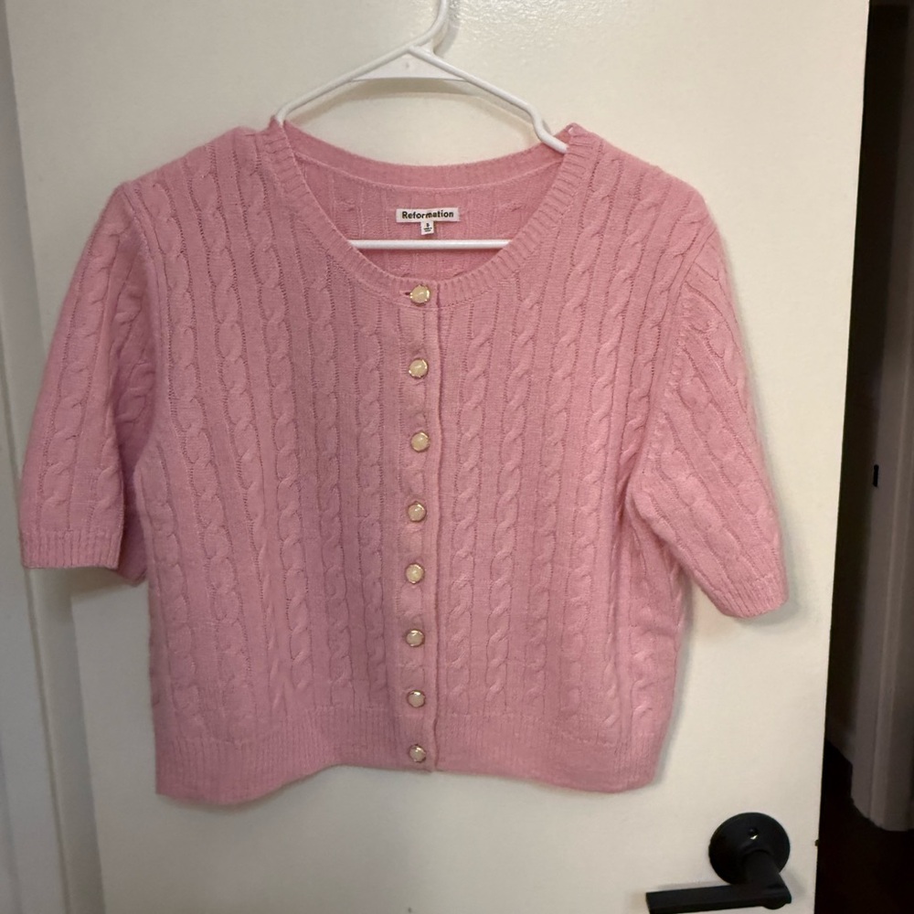 Reformation Pink Cable Short-Sleeve Cardigan with Gold Buttons